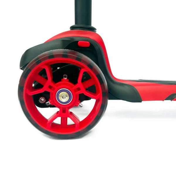 Детский самокат-беговел 2 в 1 Scooter Micar Moby Plus Чёрно-красный со светящимися колёсами и передними амортизаторами