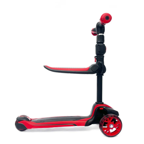 Детский самокат-беговел 2 в 1 Scooter Micar Moby Plus Чёрно-красный со светящимися колёсами и передними амортизаторами
