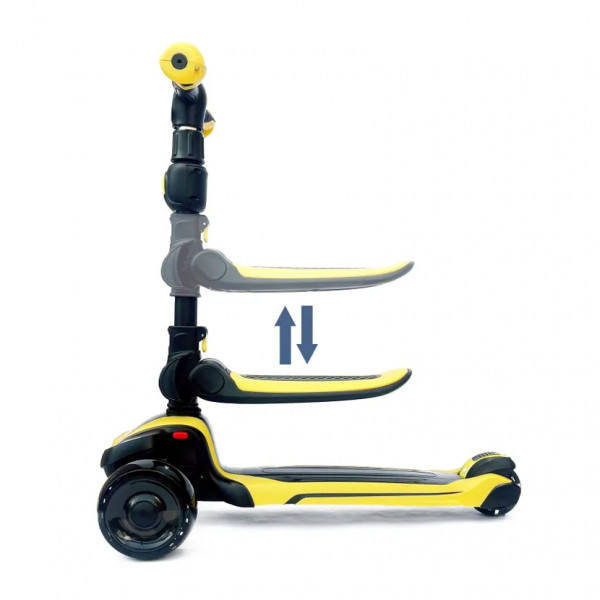 Детский самокат-беговел 2 в 1 Scooter Micar Moby Plus Чёрно-жёлтый со светящимися колёсами и передними амортизаторами