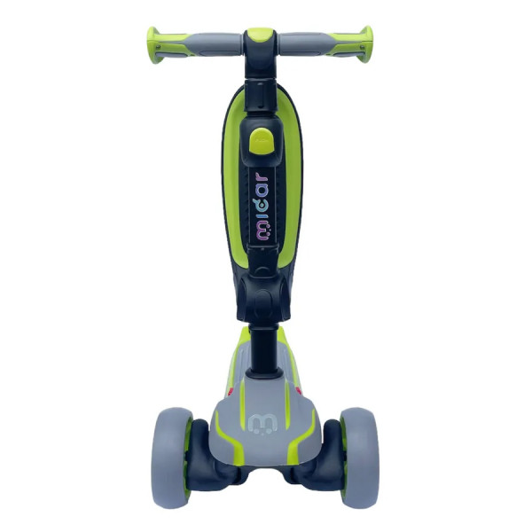 Детский самокат-беговел 2 в 1 Scooter Micar Moby Plus Серо-зелёный со светящимися колёсами и передними амортизаторами