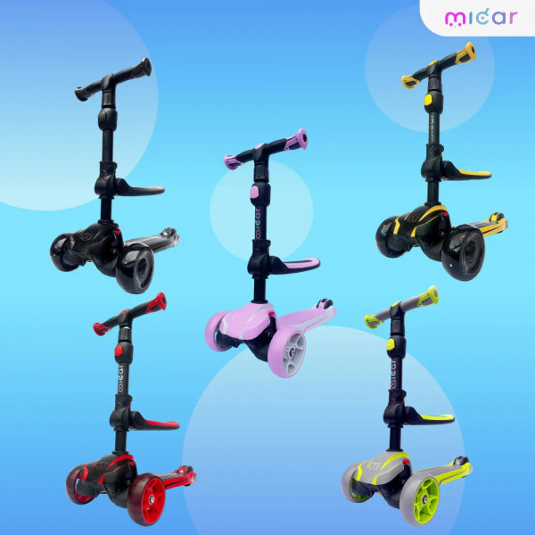 Детский самокат-беговел 2 в 1 Scooter Micar Moby Plus Серо-зелёный со светящимися колёсами и передними амортизаторами
