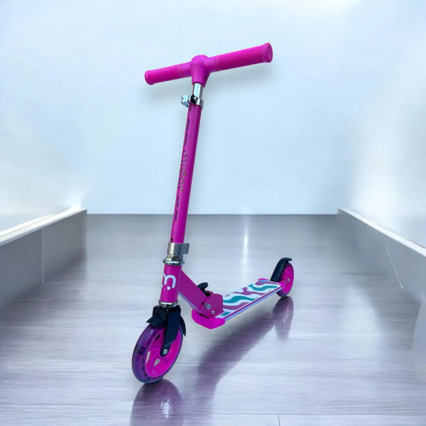 Детский двухколёсный самокат Micar Neon 145 Розовый со светящимися колёсами, рулём и платформой