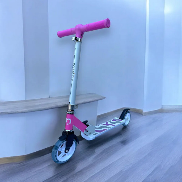 Детский двухколёсный самокат Micar Neon 145 Бело-розовый со светящимися колёсами, рулём и платформой