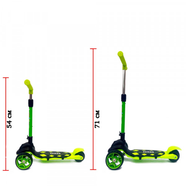 Детский трёхколёсный самокат Micar Zumba Big Wheels Чёрно-зелёный со складным рулём и светящимися колёсами
