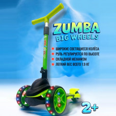 Детский трёхколёсный самокат Micar Zumba Big Wheels Чёрно-зелёный со складным рулём и светящимися колёсами